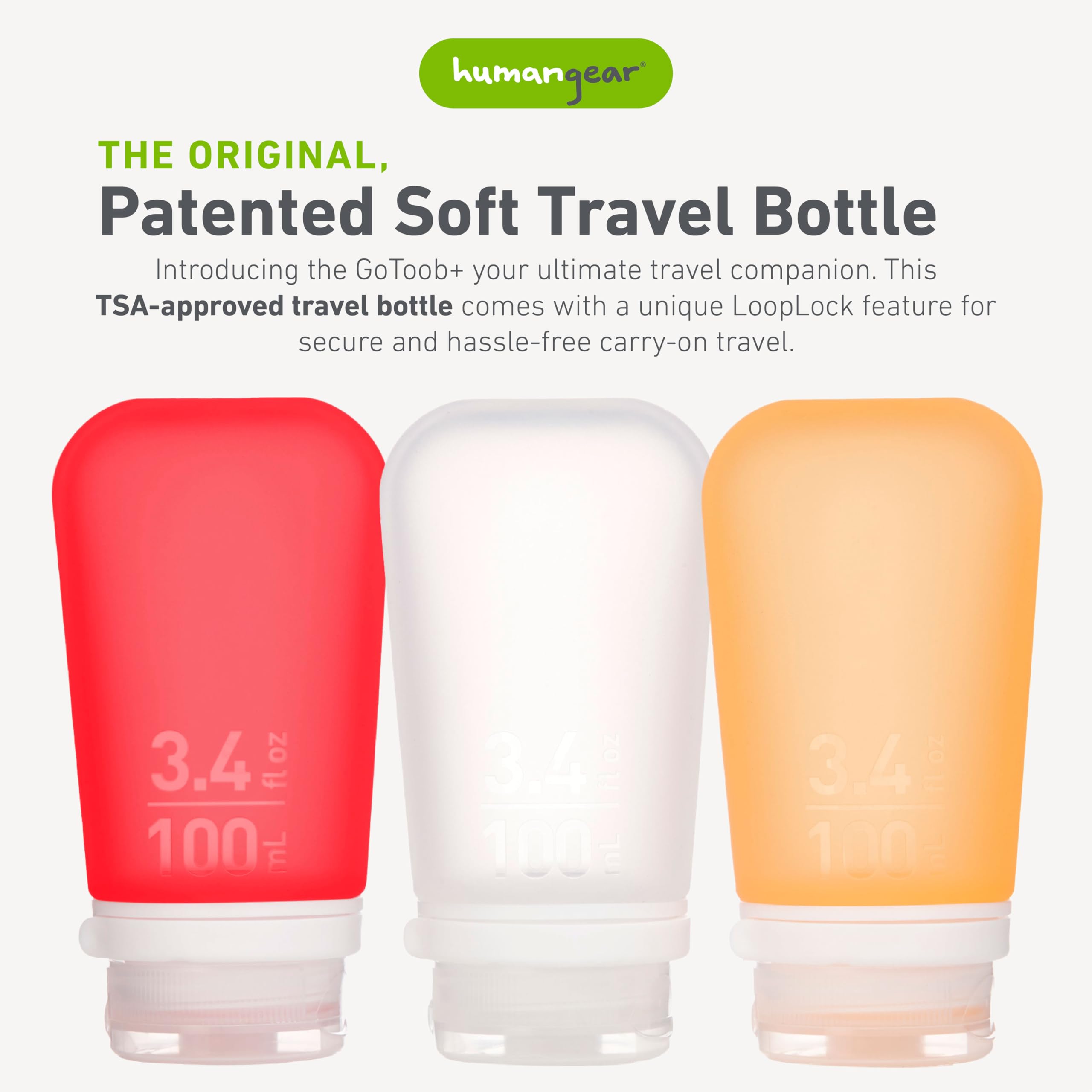 Humangear Gotoob+ 3-Pack (Large) | Refillable Silicone Travel Bottle | Locking Lid | Food-Safe Material, Clear/Red/Orange, Large